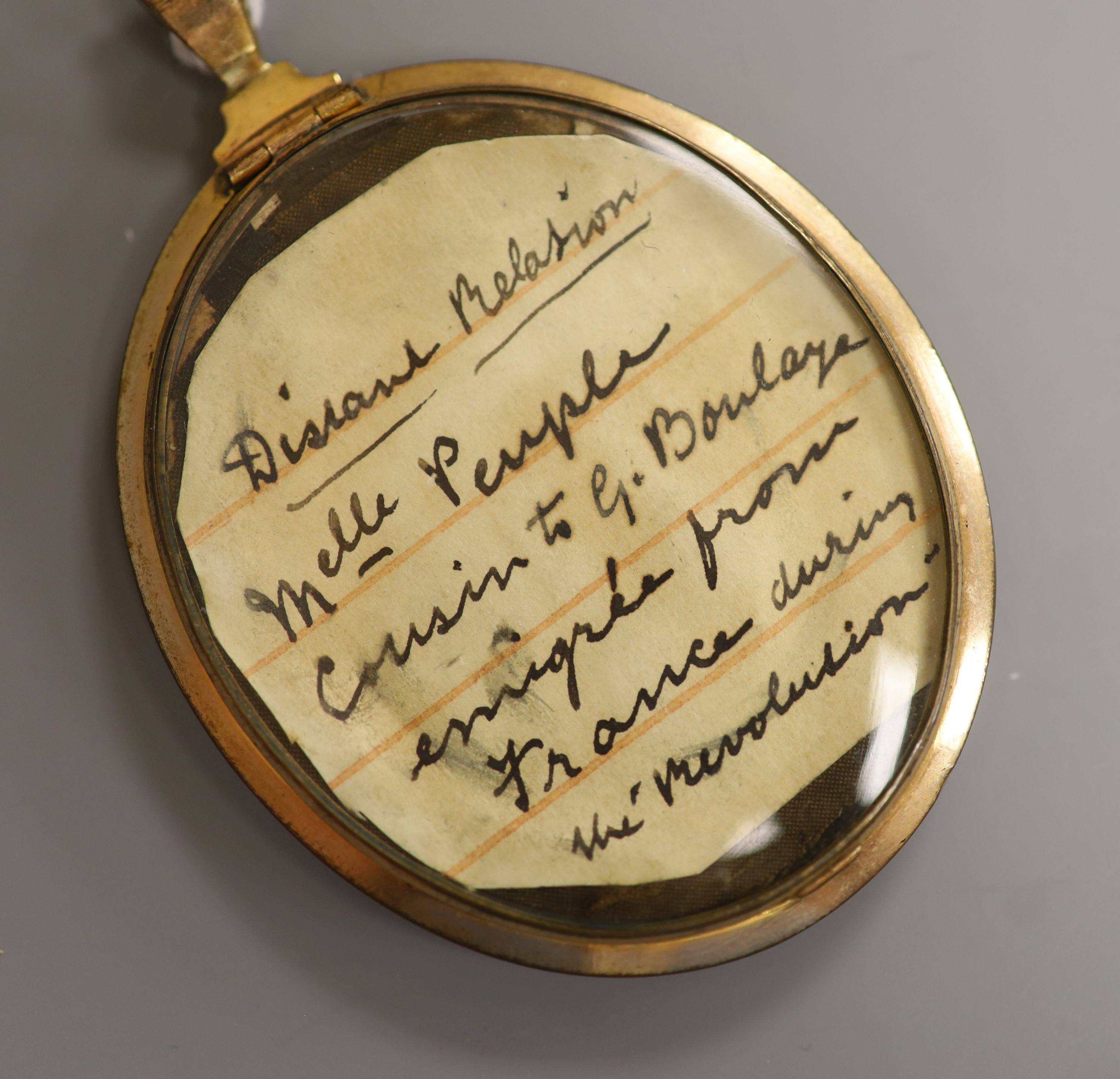A 19th century French oval portrait miniature on ivory, framed, 6 x 5cm
